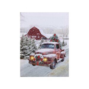 Red Truck Barn House and Christmas Tree Unframed Canvas Wall Art  24" X 32"